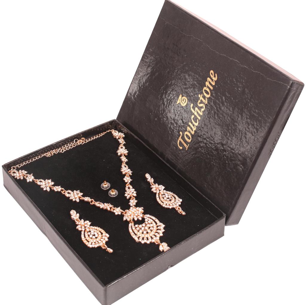 Touchstone Indian Bollywood Gorgeous Intricate Craftsmanship Sparkling Rhinestone Crystal Wedding Designer Jewelry Necklace Set Gold or Silver Tone