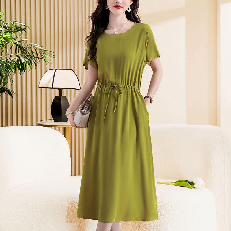 Fashionable Cotton Silk Plus Size Dress with Pockets for Middle-Aged and Elderly Women