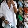 Moda feminina casual cor sólida estampa manga comprida blusas e camisas com decote em V