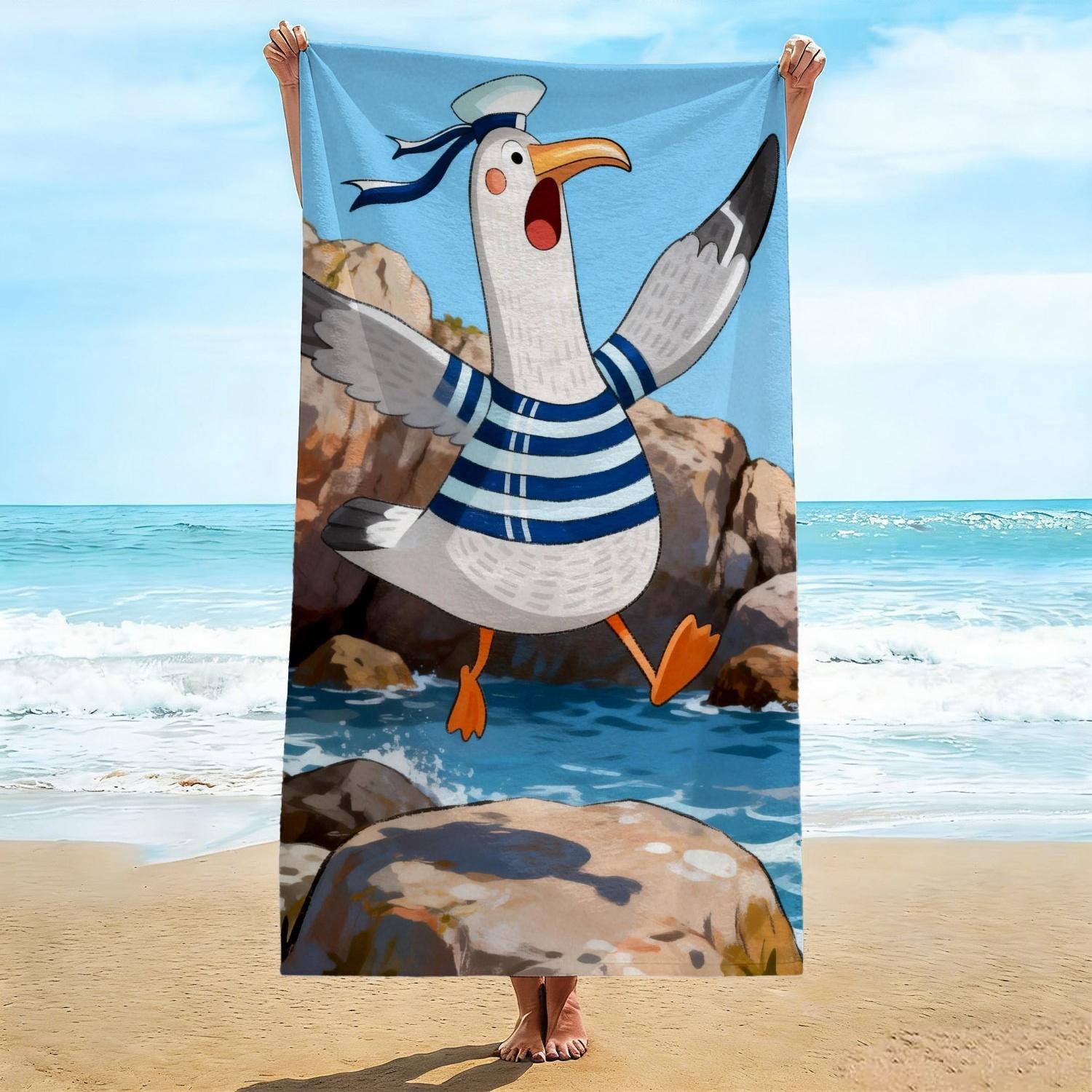 Nautical Seagull Beach Towel, Funny Sailor Bird on Rock Pattern Bath Towel Ocean Themed Vacation Beach Blanket for Kids & Adults W30*H60(CM)