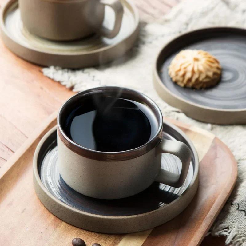 Japanese Style Stoneware Coffee Cup and Saucer Set Handmade Retro Mark Cup 350ml Large Capacity Household Milk Breakfast Cup
