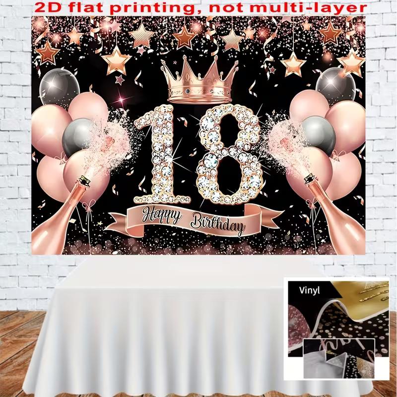 2D 18th Birthday Backdrop with Champagne, Balloons & Confetti for Teens