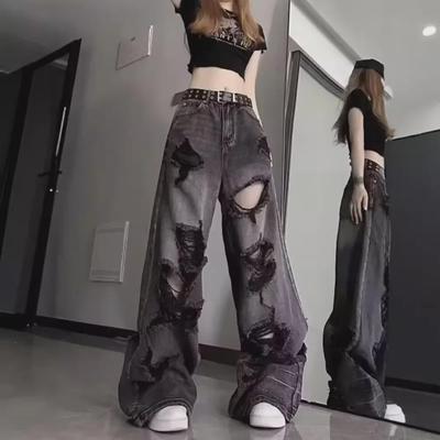 Calça Jeans Feminina Reta Rasgada Estilo Escuro - Jeans Wide-Leg para Primavera e Outono
