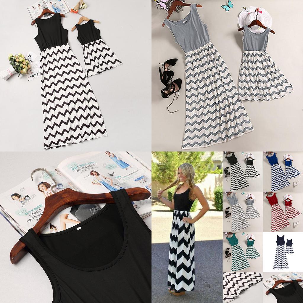 Elegant Mother And Daughter Fashion Casual Boho Stripe Maxi Matching Dress Set