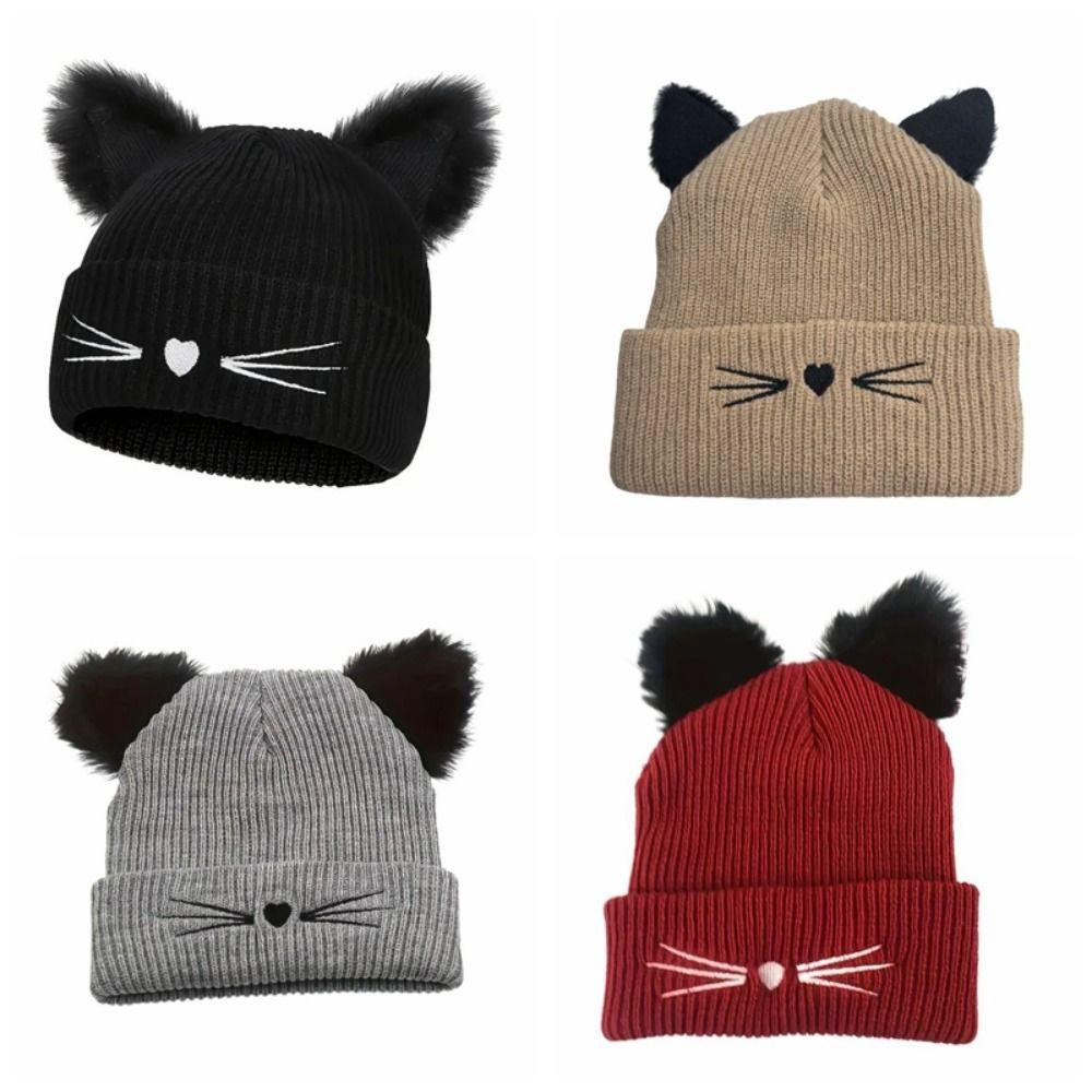 Wool Knitted Pullover Hat Warm Cold Hat Cute Cat Ears Beanies  Winter