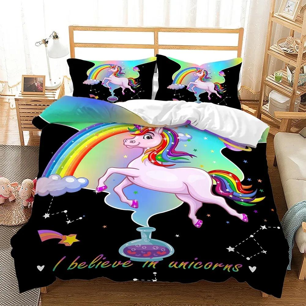 Dětské povlečení s duhovým jednorožcem Kawaii kreslená zvířátka Povlečení pro kluky a holky 2/3dílné Sady povlaků na přikrývku velikosti Twin Single Double Queen