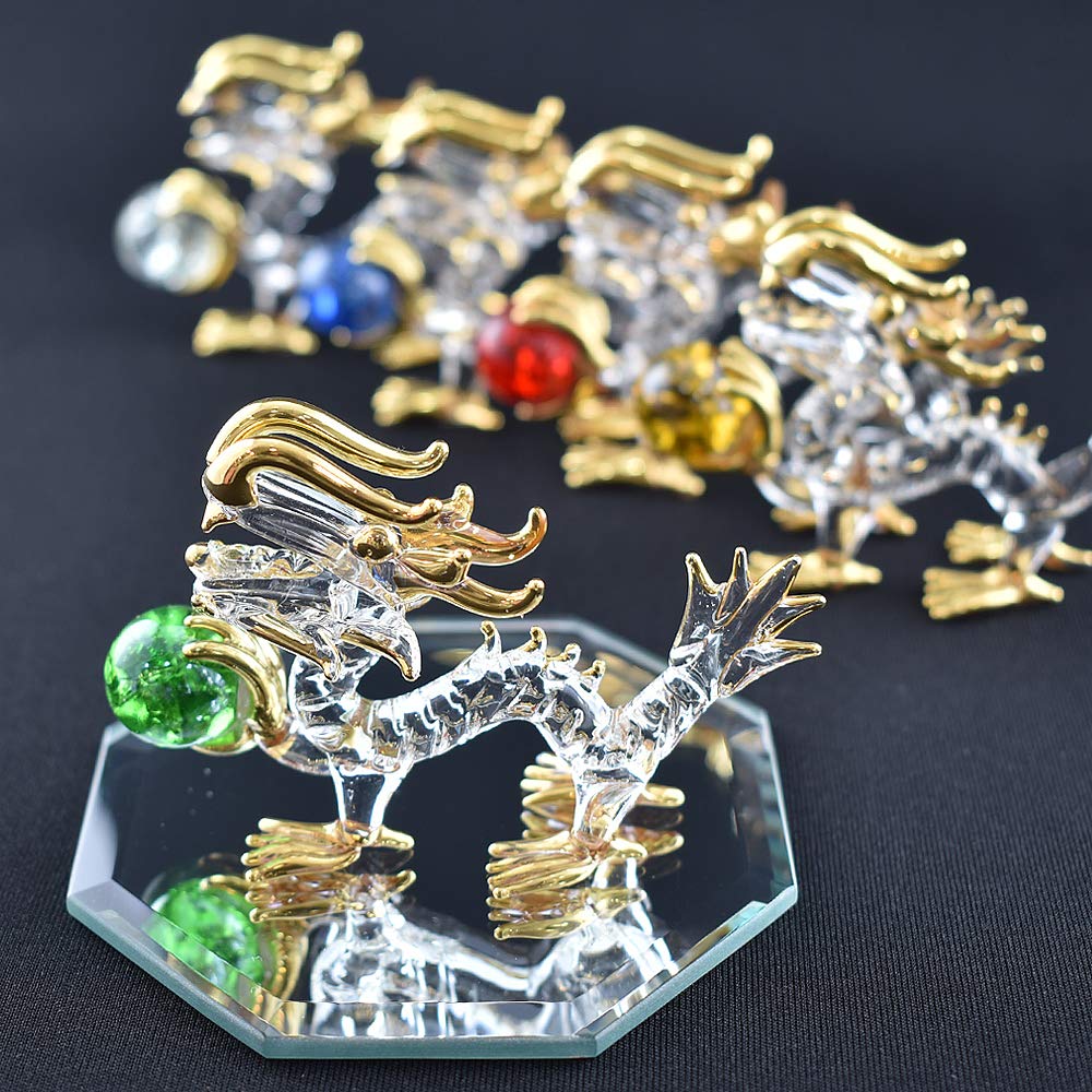 Four Cart Handmade Glass Feng Shui Good Health Dragon Statue, 2-inch X 3-Piece Set