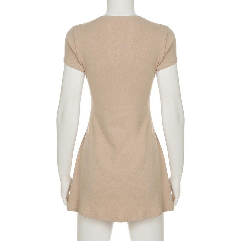 Women Beige V Neck Button Front Short Sleeve Knit Bodycon Mini Dress