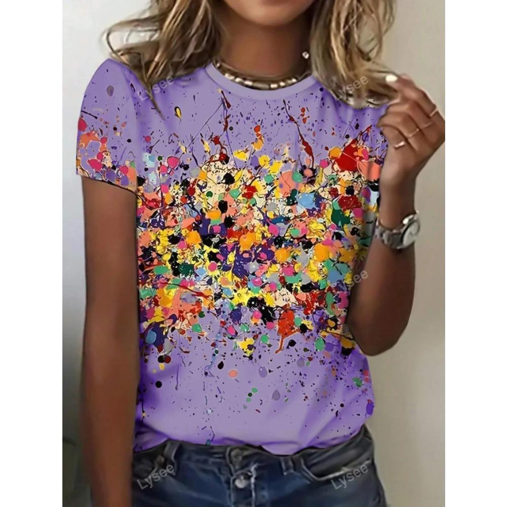 Fashion Women Retro Creative Color Dot Ink Splashing Print T Shirt Funny Casual O-neck Short Sleeves T-shirt Summer Female Tee Shirt