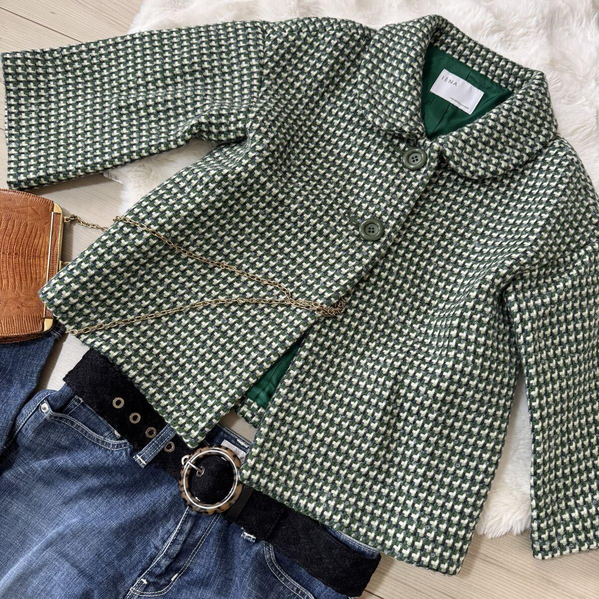 [Unused.With tag] IENA 7 sleeves short length wool jacket tweed green y26042321