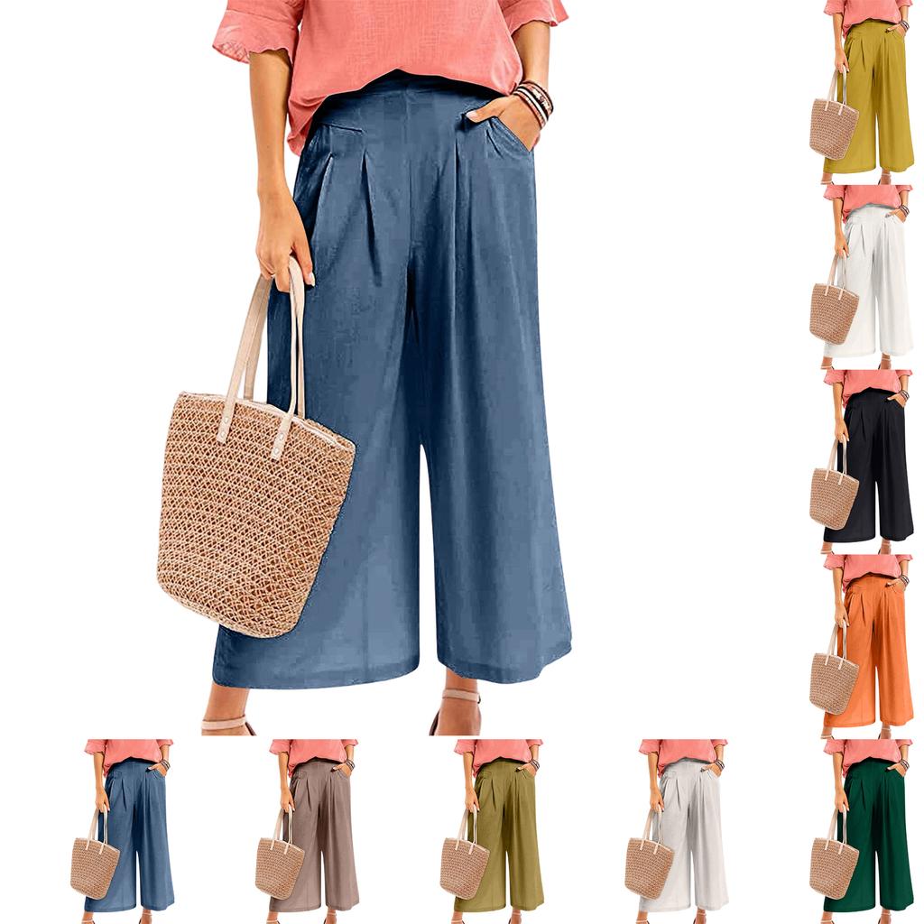 Women's Casual, Stylish, Loose-fitting, High-waisted, Cropped Cotton-linen Wide-leg Culottes