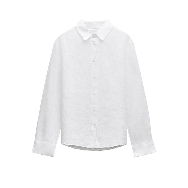 Spring New Lapel Long Sleeves Linen Blended Shirt 4877100 Mid Waist Shoelace Wide Leg Pants 4877101