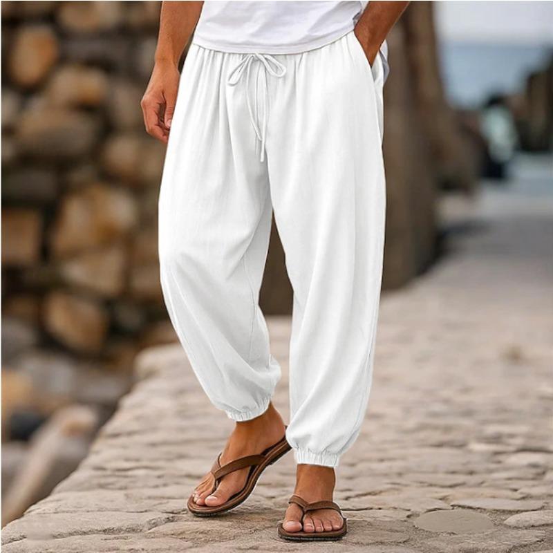 

Men Elastic Waist Drawstring Casual Pants Loose Fit Ankle Cuffs Breathable Summer Beach Long Trousers S белый
