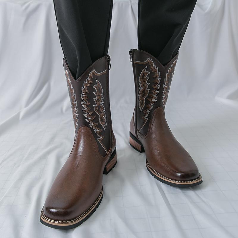 Designer Men's Retro Western Cowboy Boots Mens Fashion Patchwork Embroidery Mid-calf Leather Boot Designer Casual Shoes For Men
