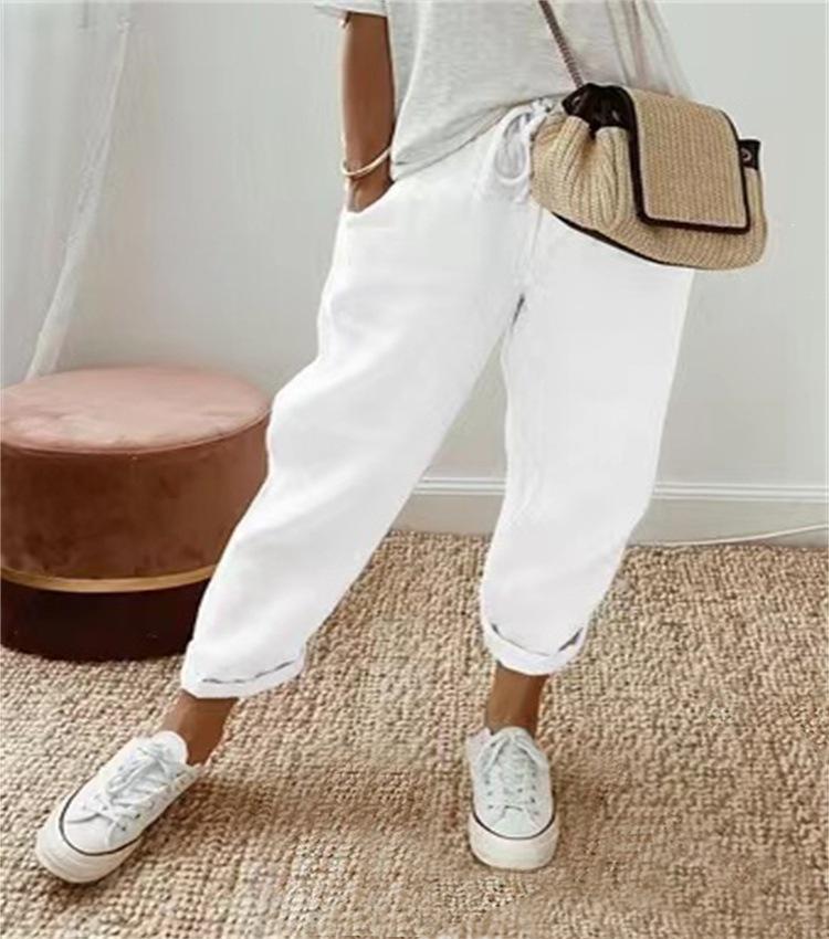 Women Mid Waist Drawstring Linen Harem Pants, Pocket Cuffed Ankle Loose Casual Trousers S-5XL Spring Daily Wear