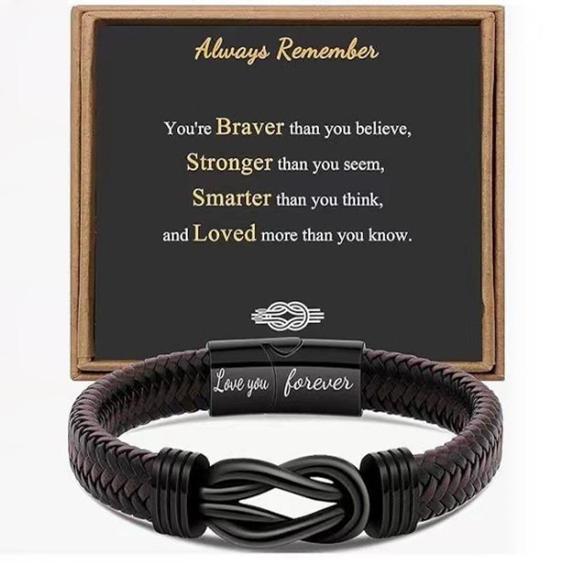 Men's Magnetic Black Twist Stainless Steel and Woven Leather Bracelet