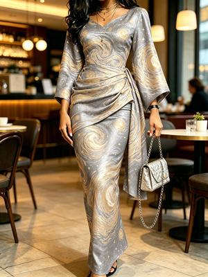 Dames Grijs Gouden Sterrenhemel Print Maxi Jurk Kimono Mouw V-hals Gerimpelde Wrap Taille Bodycon Elegante Jurk