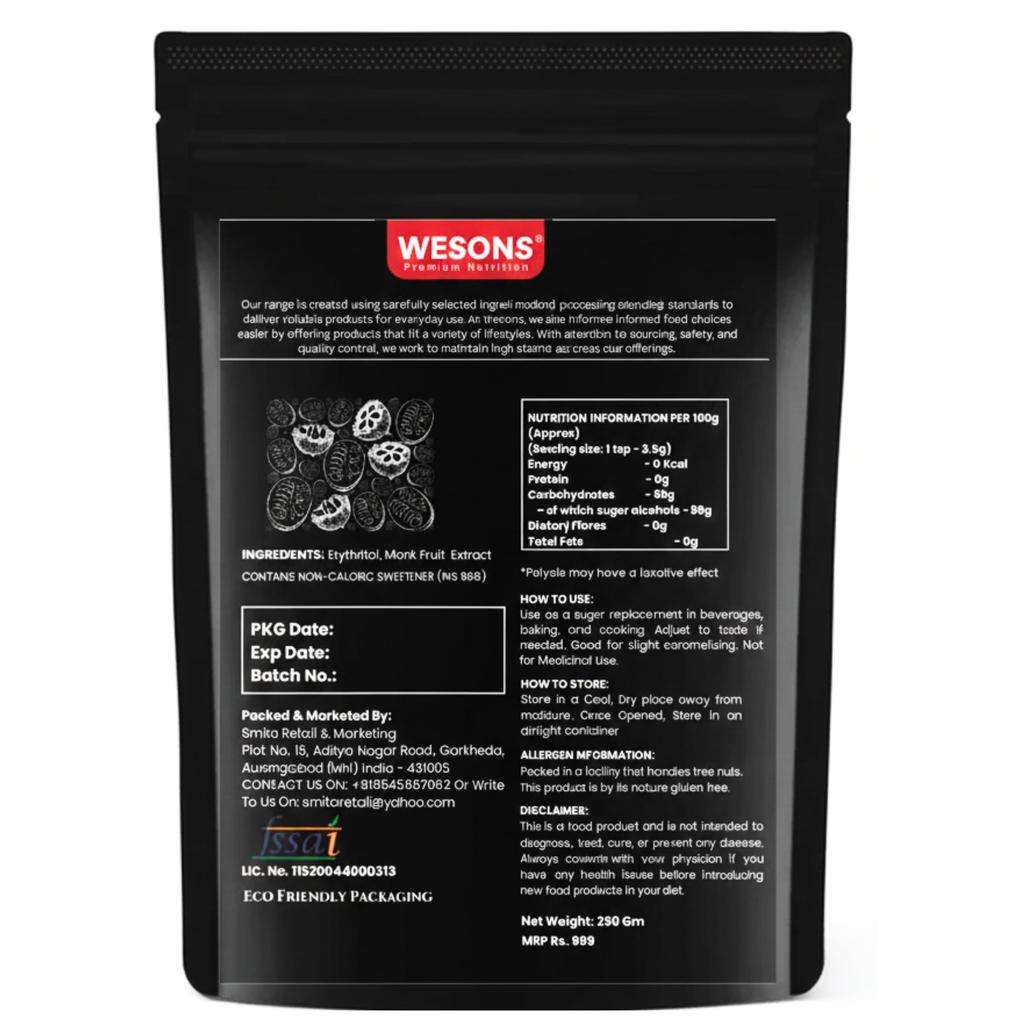 Wesons Monk Fruit Sweetener Organic (200 Grams) - 1:1 Pure Monk Fruit Extract - Monk Fruit Sugar Organic - Sweetness Equal To Sugar