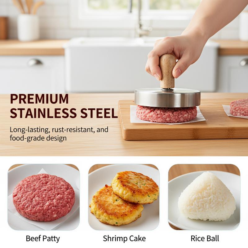 Stainless Steel Hamburger Patty Press Anti Slip Wooden Handle Nonstick Surface For Home Kitchen BBQ Homemade Burgers