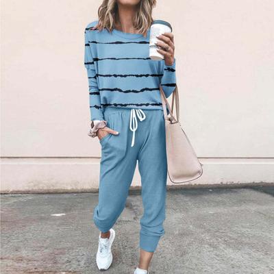 Women's Striped Printed Two Piece Outfit Long Sleeve Sweatsuit Jogger Pants Set with Pockets Casual Workout Athletic Tracksuit