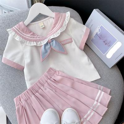 Summer Children Girls Student Set Collar T Shirts Pleated Skirts Kid Bottom