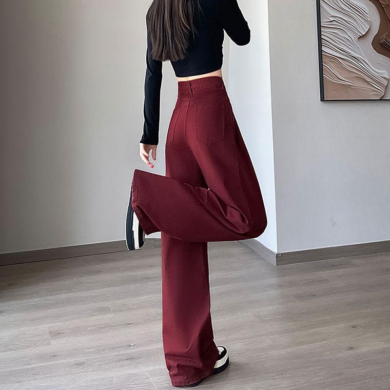 Retro Red Jeans for Women In Autumn New High Waist Cover Hips and Slimming Design Straight-leg Floor Pants