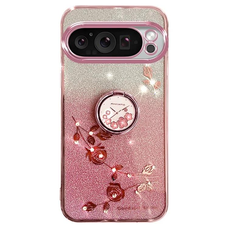 

KADEM For Google Pixel 9 / Pixel 9 Pro Case Ring Kickstand Rhinestone Flower TPU Anti-Scratch Phone Cover