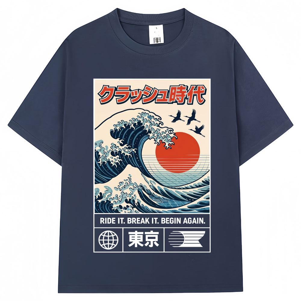 

Japanese Style Hokkaido Wave Tokyo Graphic Tshirt Men Women Harajuku Fashion Vintage High Quality T Shirts Loose Cotton T Shirt 4XL