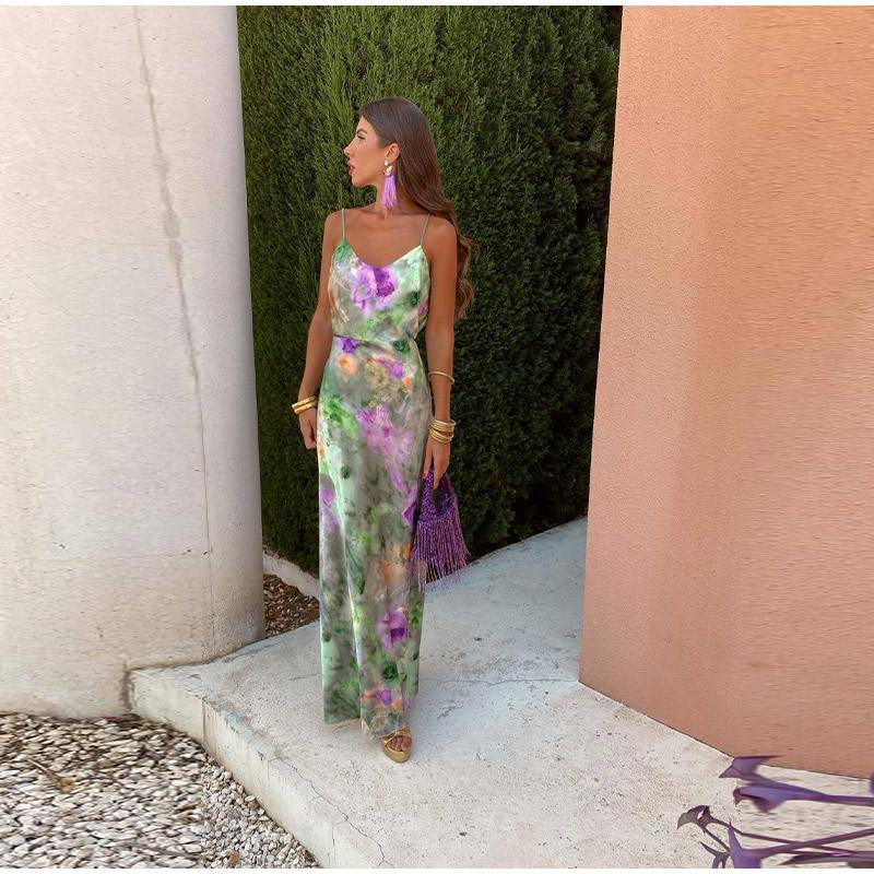 Fashion Elegant Print Dress Women Sexy Off Shoulder Backless Tie-dye Suspender Female Dresses 2 Piece Slash Neck Vacation Lady Robes