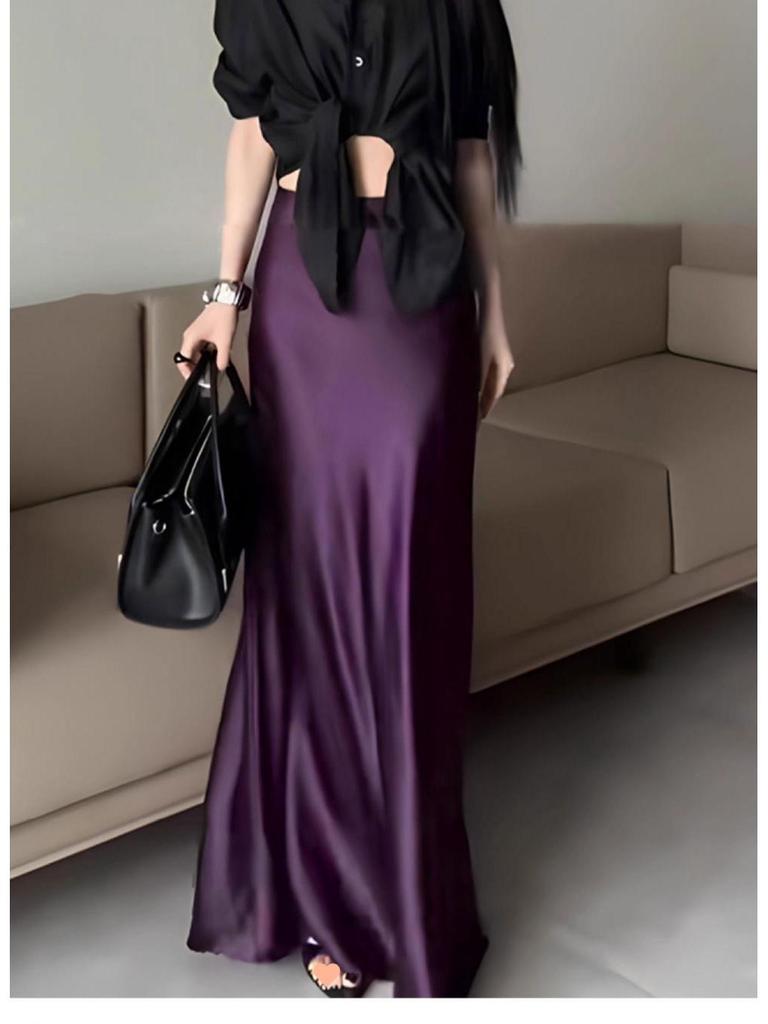 Women's High-Waisted Satin Midi Pencil Skirt, Slim-Fit Fishtail Design, 2025 Spring/Summer Collection