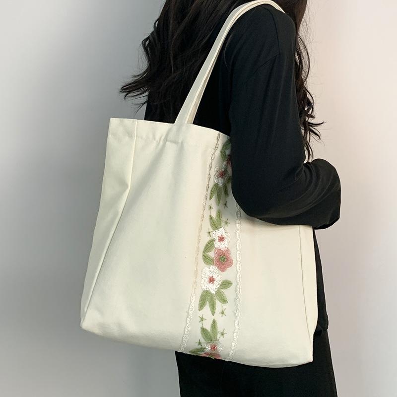 Embroidery Canvas Bag Women Shoulder Simple Travel Yoga Large Capacity Bag