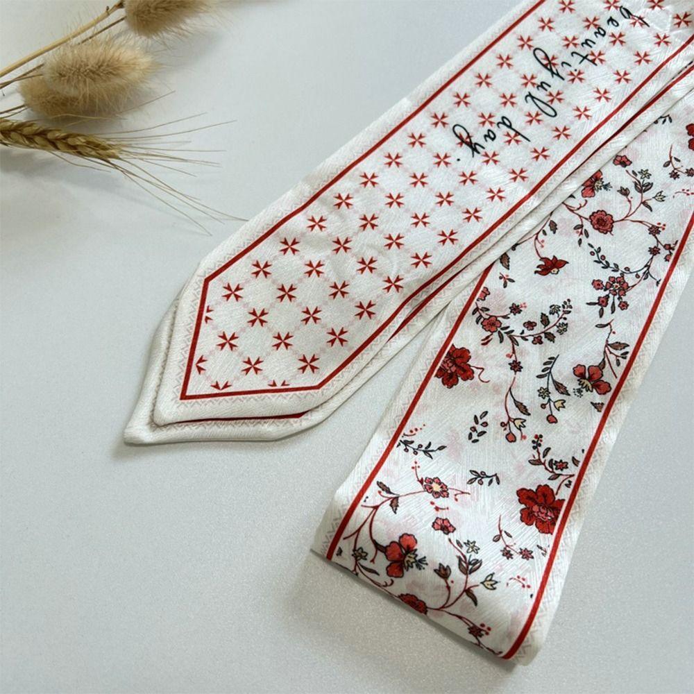 Long Thin Hair Tie Fresh Floral Fashion Accessory Trendy Satin Silk Ribbon Scarf  for Women