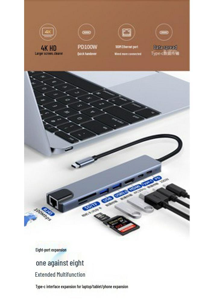 Cross 8-in-1 Type-C Docking Station: Multi-Functional Hub with Network Port, HDMI, and Card Reader for Phones and Computers