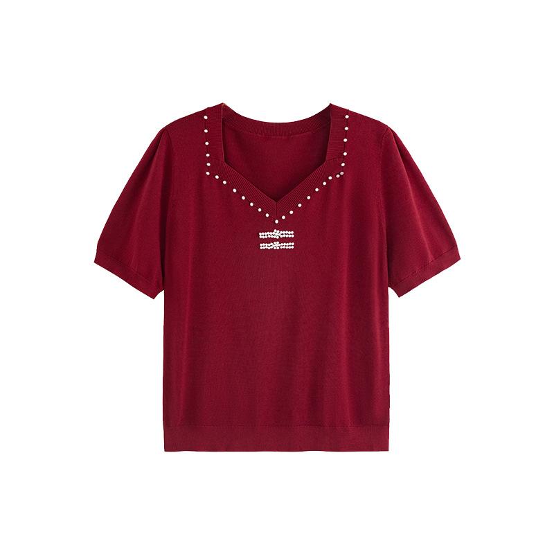 Plus Size T-shirt Women's Beaded Square Neck Blouse Spring Summer Loose Short-sleeved T-shirt Knitwear