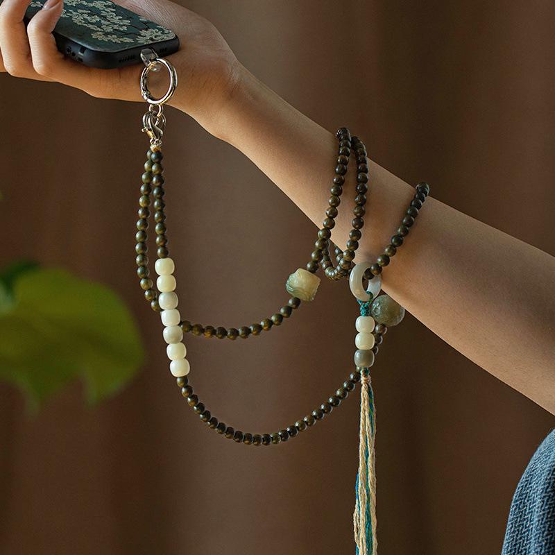 

Natural Green Sandalwood Crossbody Phone Lanyard with Bodhi Pendant Phone Lanyard