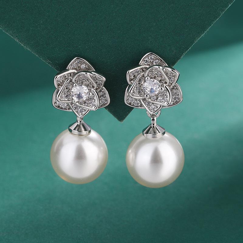 Kamelien-Set 12mm Perlenkette Neu Eingelegte Graue Perlen Kamelien-Perlen-Ohrstecker Kette