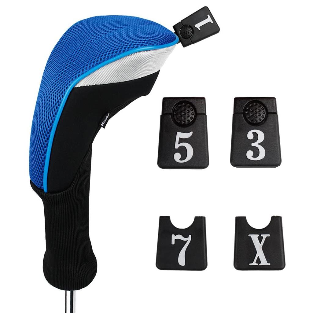 Andux Golf Long Neck Wood Driver Headcovers with Interchangeable Numbered Set of 3 Tags, (Blue)
