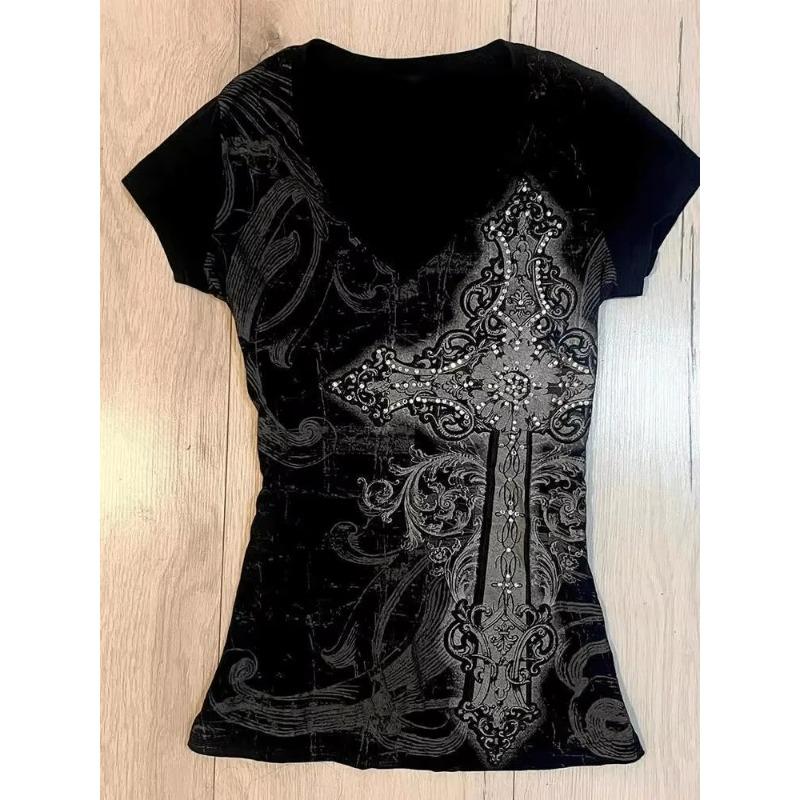 Americké Vintage Tričko Dvě Falešné Části Dámské Streetwear Hip Hop Gotické Harajuku Grunge Y2k Crop Top Černé Lebky Punková Trička