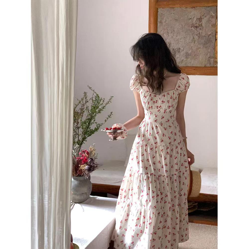 Cherry French Summer Floral Fairy Dress: Sweet, Gentle, Fresh Long Design