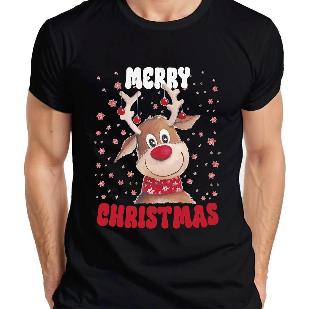 Merry Christmas Deer Reindeer Cute Xmas Unisexs T Shirt Vintage Stretched Homme Graphic Streetwear Stylish Unisex Fashion