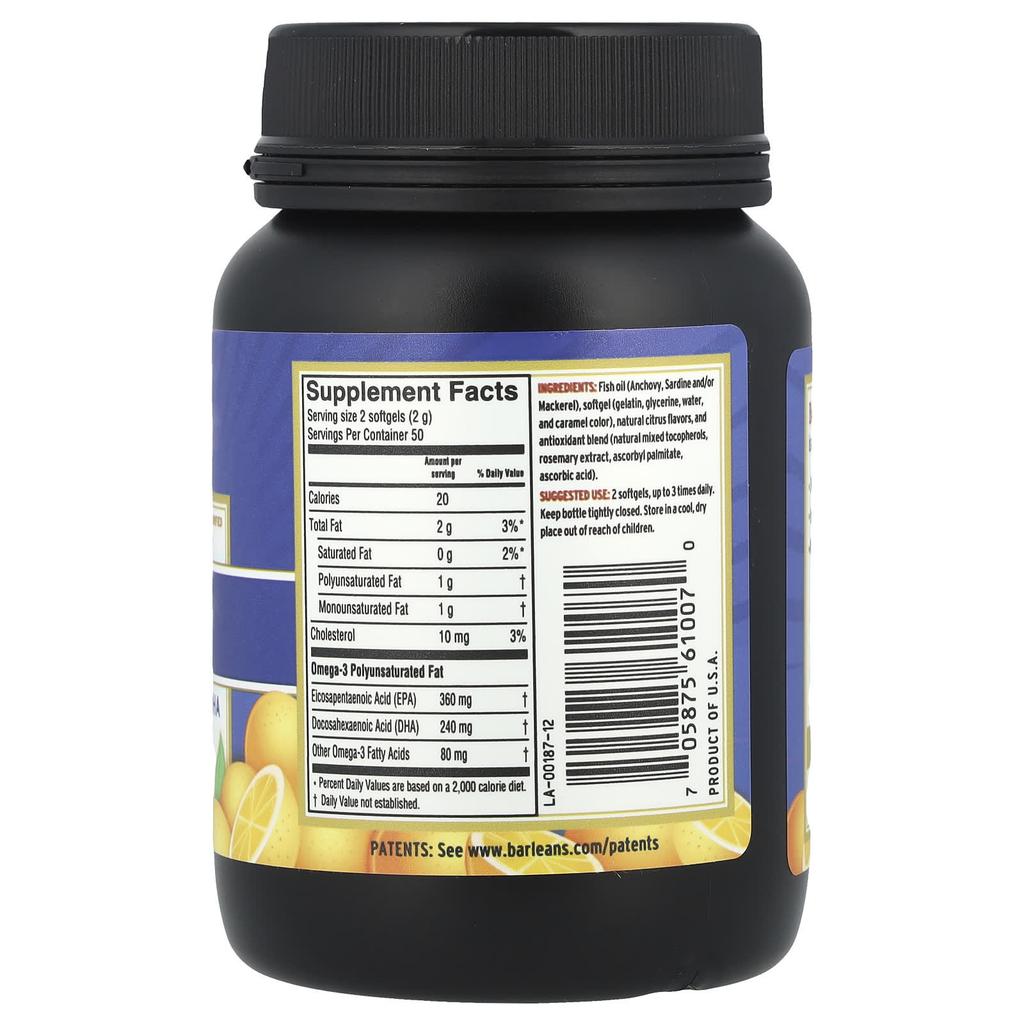 Barlean's Fresh Catch®, Olej Rybny, Omega-3 Epa/Dha, Pomarańczowy, 100 Kapsułek Miękkich (300 mg/kapsułka miękka)
