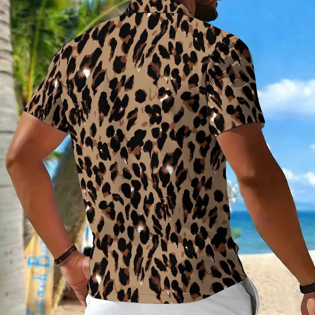 Women Short Sleeve Polo Shirt Khaki Black Brown Full Leopard Spot Print Half Zip Lapel Top