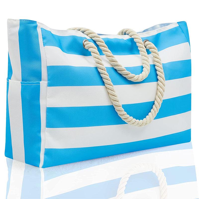 

Bohemian Striped Canvas Tote: Eco-friendly, Large Capacity Beach/Travel Bag 48cm*34cm*15cm with Double Outer Pockets