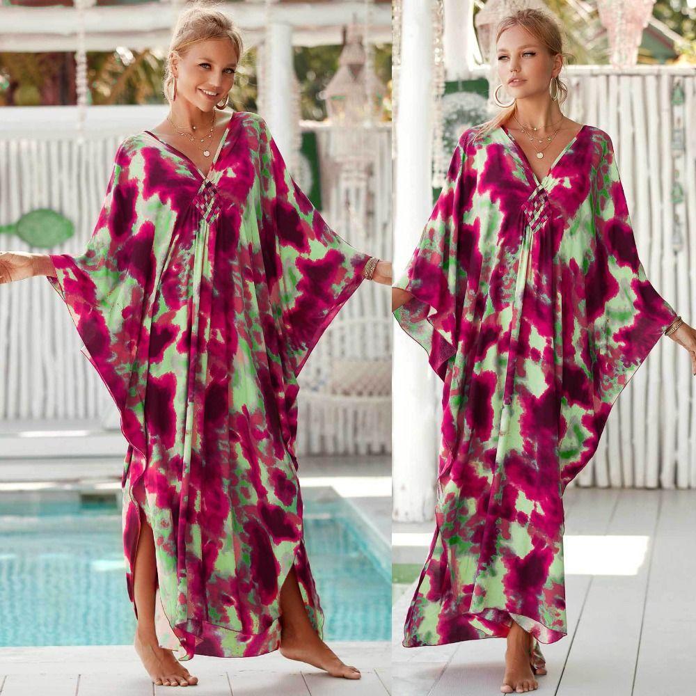 Lässige Boho Bikini Cover-ups Blattdruck Übergroßes Strand-Cover-Up Offene Vorderseite Langes Kleid Strandmode Für Damen