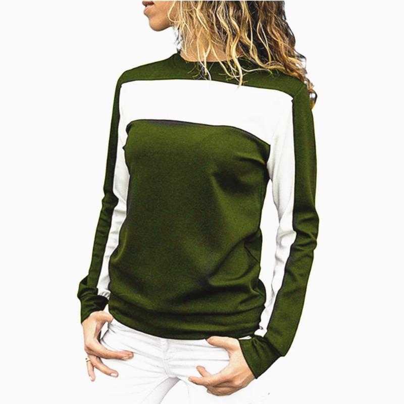 

Футболка с длинными рукавами для женщин, контрастные цвета, базовые рубашки с круглым вырезом, облегающий спортивный пуловер XL армия зеленый