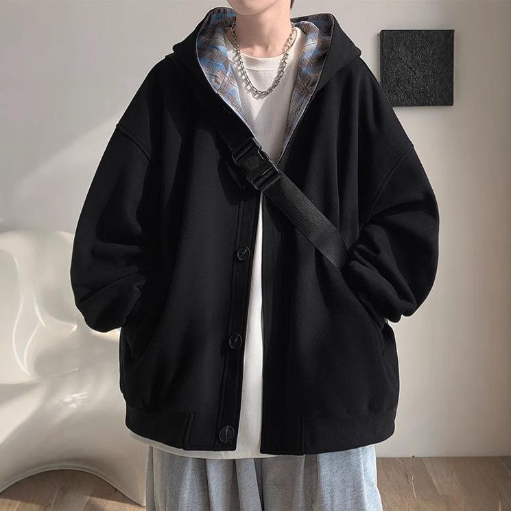 Plaid Cardigan Sweater Men's Heavy Hooded Loose Versatile College Jacket in Autumn and Winter