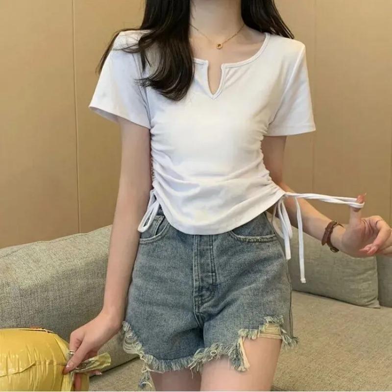 Damen T-Shirt mit V-Ausschnitt, seitlichem Tunnelzug, Cropped und Kurzarm