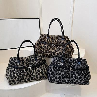 Women Leopard Plush Shoulder Bag Fuzzy Top Handle Bag Buckle Belt Design Fashion Tote Bag Casual Commuting Bag for Autumn Winter