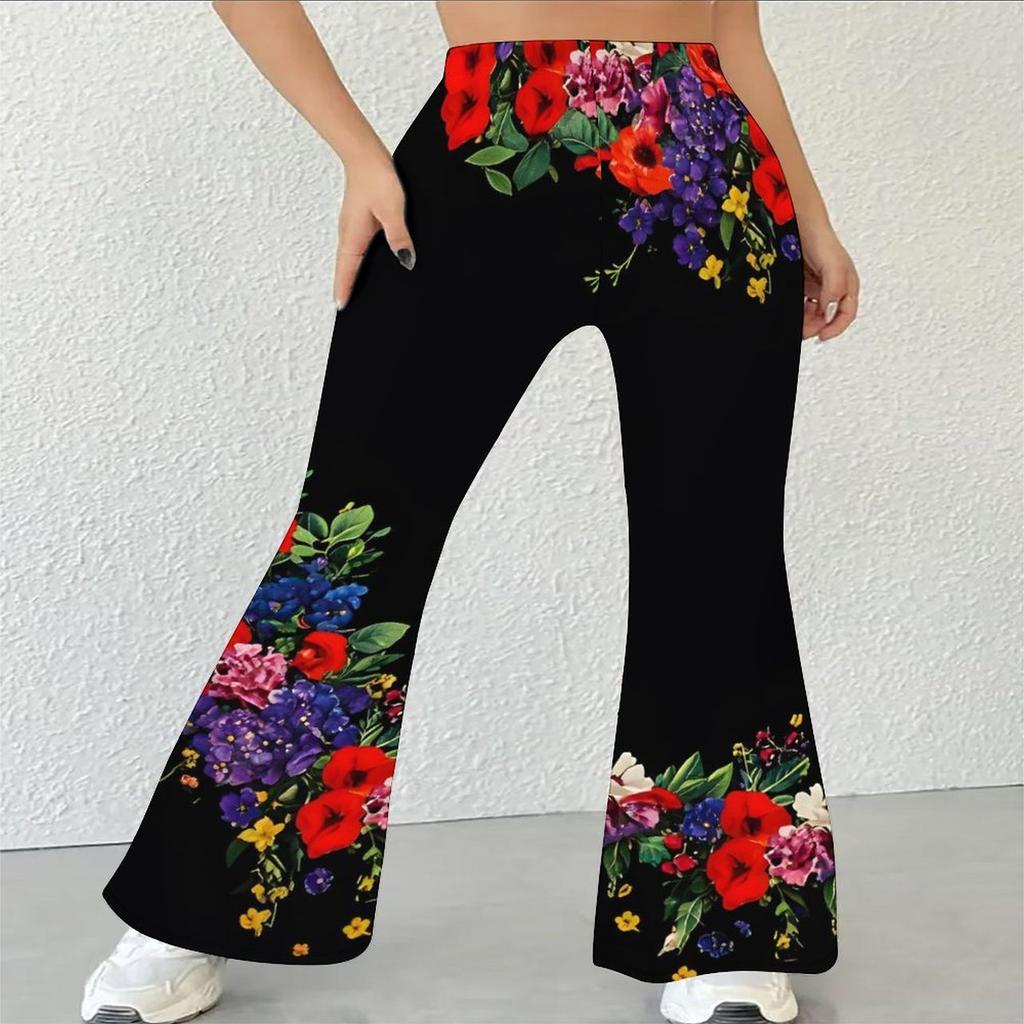Pantaloni a zampa casual a vita alta da donna, Pantaloni a campana Streetwear con stampa floreale