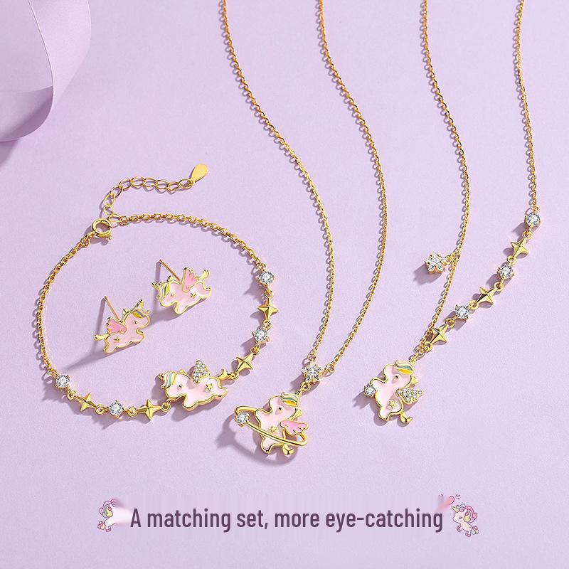 Tichia Rainbow Unicorn Bracelet: S925 Silver, Enamel, Heart Design for Women